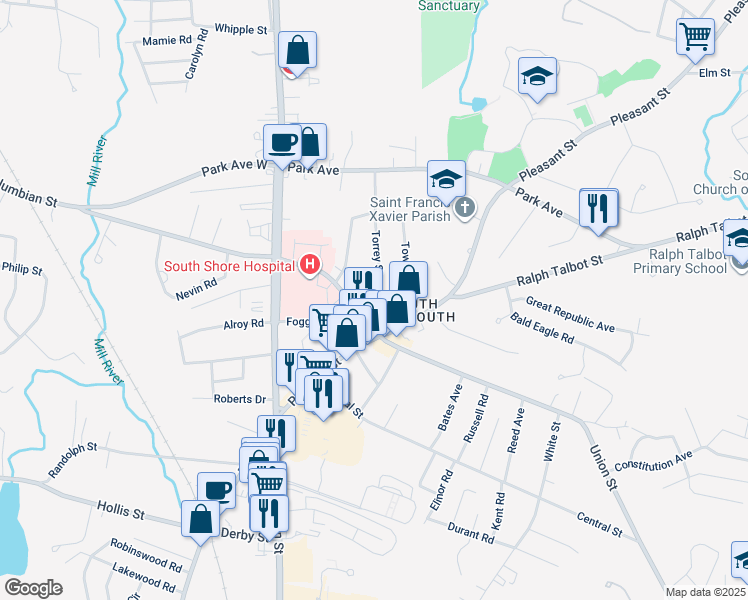 map of restaurants, bars, coffee shops, grocery stores, and more near 25 Columbian Street in Weymouth