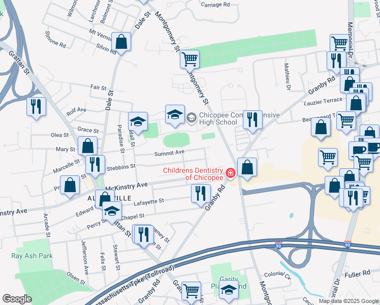 map of restaurants, bars, coffee shops, grocery stores, and more near 101 Summit Avenue in Chicopee