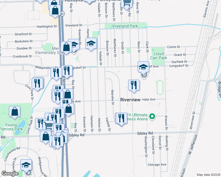 map of restaurants, bars, coffee shops, grocery stores, and more near 18200 Marsha Street in Riverview