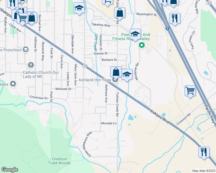 map of restaurants, bars, coffee shops, grocery stores, and more near 2404 Siskiyou Boulevard in Ashland