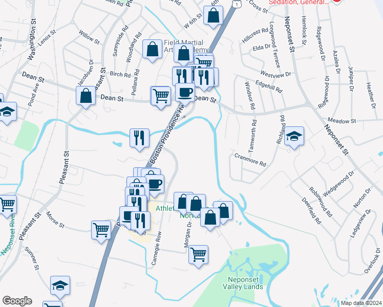 map of restaurants, bars, coffee shops, grocery stores, and more near 300 River Ridge Drive in Norwood