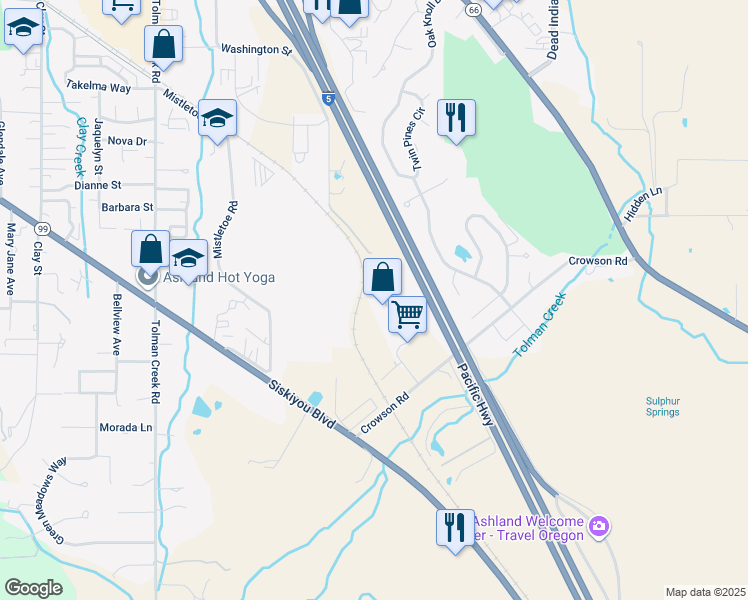 map of restaurants, bars, coffee shops, grocery stores, and more near 1040 Benson Way in Ashland