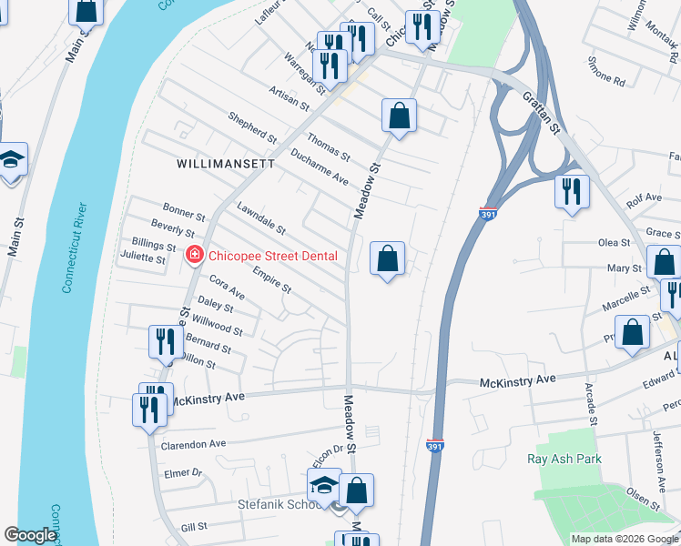 map of restaurants, bars, coffee shops, grocery stores, and more near 170 Pendexter Avenue in Chicopee