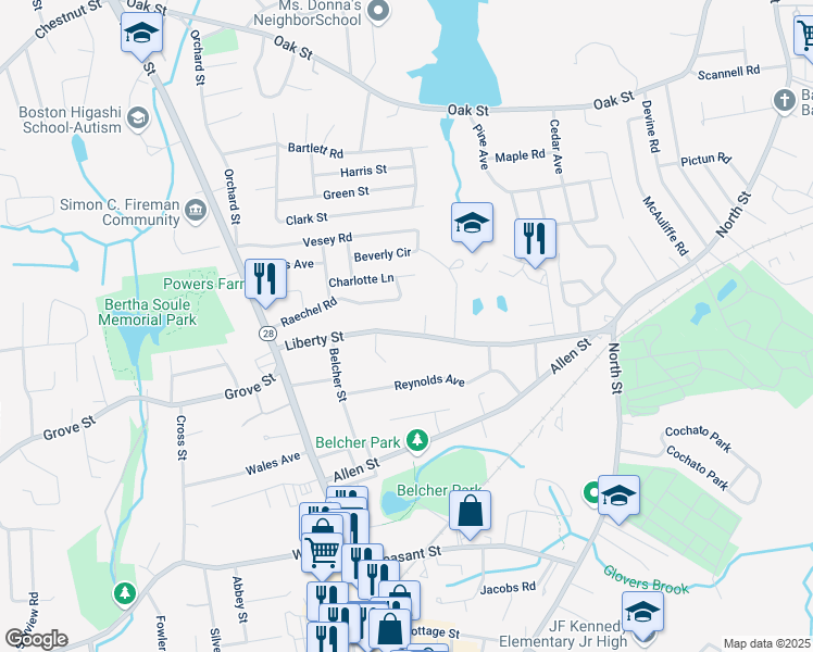 map of restaurants, bars, coffee shops, grocery stores, and more near 112 Liberty Street in Randolph