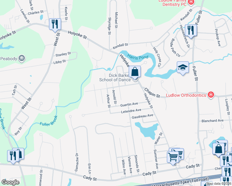 map of restaurants, bars, coffee shops, grocery stores, and more near 47 Arnold Street in Ludlow