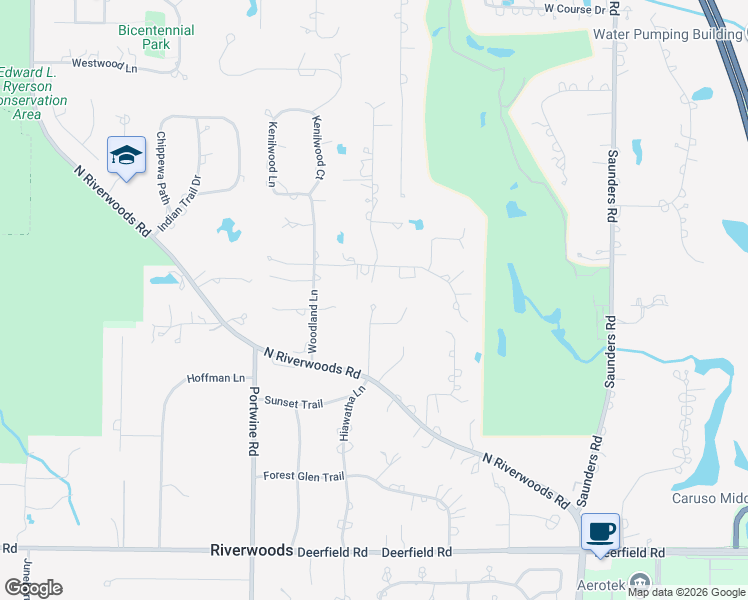 map of restaurants, bars, coffee shops, grocery stores, and more near 2580 Riverwoods Road in Riverwoods