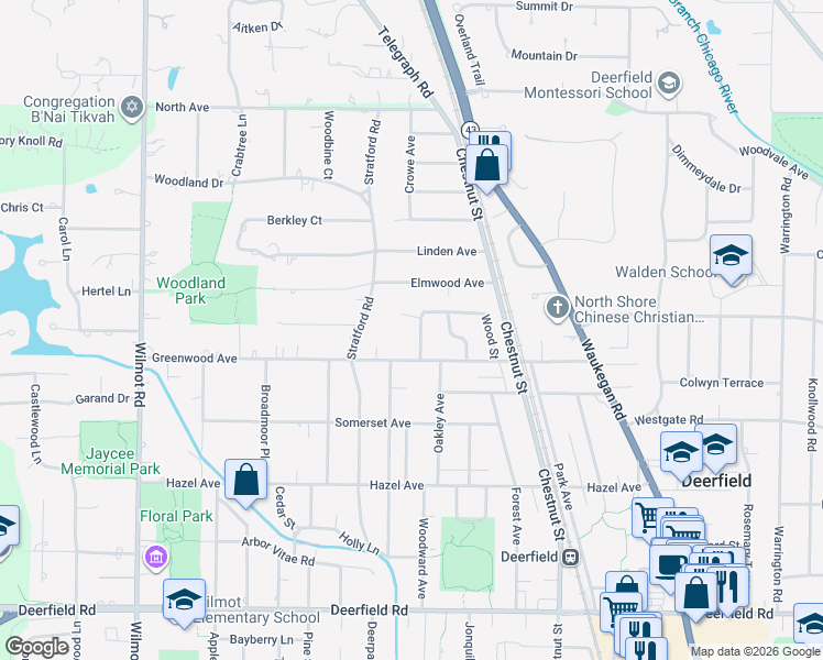 map of restaurants, bars, coffee shops, grocery stores, and more near 1228 Woodruff Avenue in Deerfield