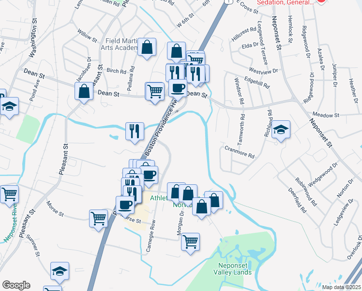 map of restaurants, bars, coffee shops, grocery stores, and more near 300 River Ridge Drive in Norwood