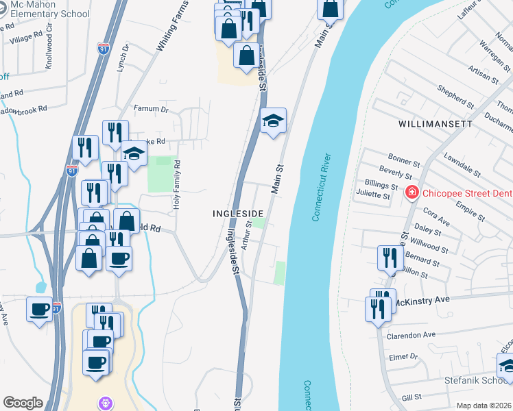 map of restaurants, bars, coffee shops, grocery stores, and more near 20 Arthur Street in Holyoke