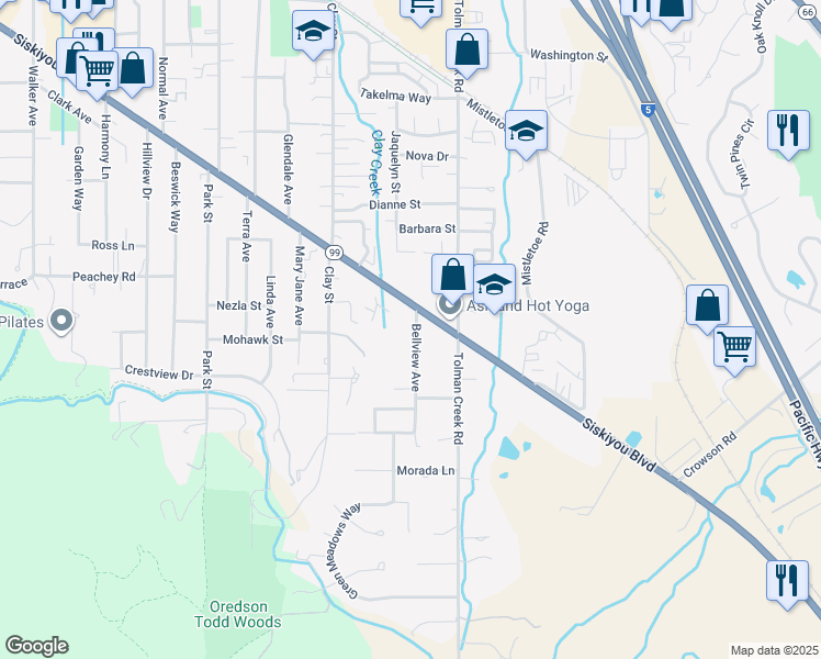 map of restaurants, bars, coffee shops, grocery stores, and more near 2404 Siskiyou Boulevard in Ashland