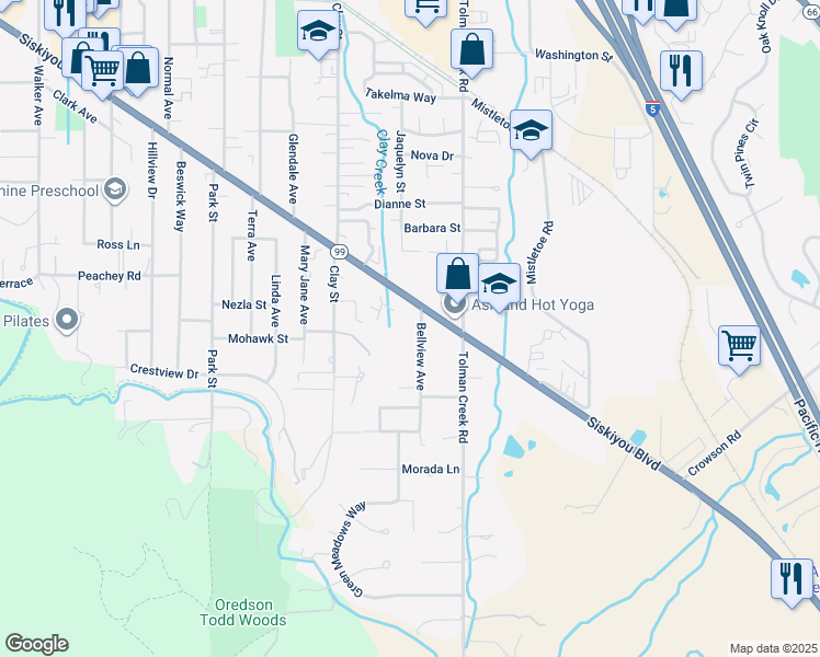 map of restaurants, bars, coffee shops, grocery stores, and more near 2404 Siskiyou Boulevard in Ashland