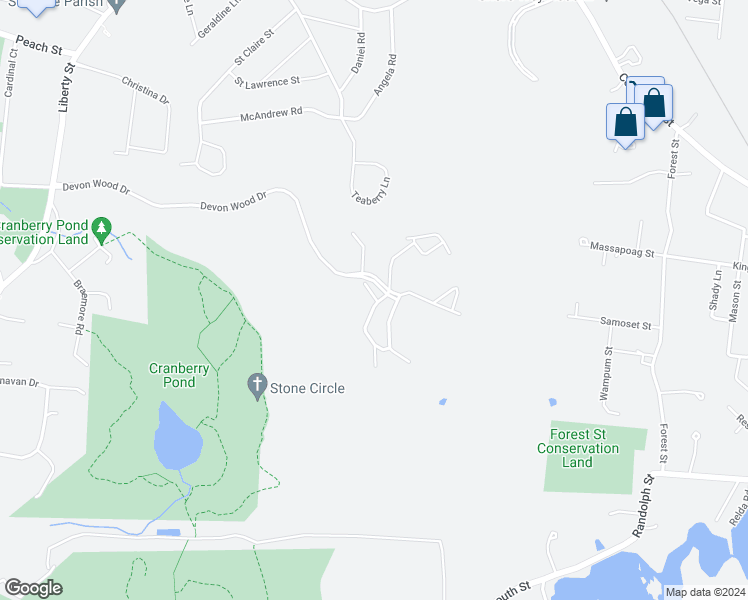map of restaurants, bars, coffee shops, grocery stores, and more near 64 Bradford Commons Lane in Braintree