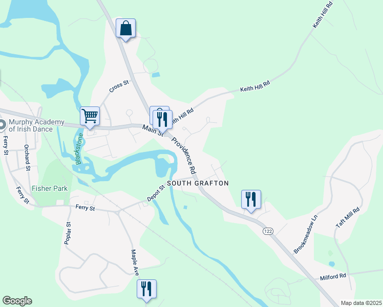 map of restaurants, bars, coffee shops, grocery stores, and more near 299 Providence Road in Grafton