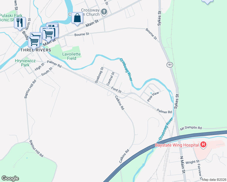 map of restaurants, bars, coffee shops, grocery stores, and more near 2132 Palmer Road in Palmer