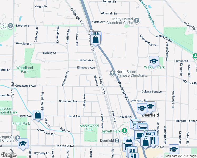 map of restaurants, bars, coffee shops, grocery stores, and more near 1224 Wood Street in Deerfield
