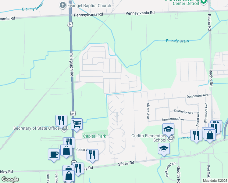 map of restaurants, bars, coffee shops, grocery stores, and more near 23400-23470 Fairmont Drive in Brownstown Charter Township
