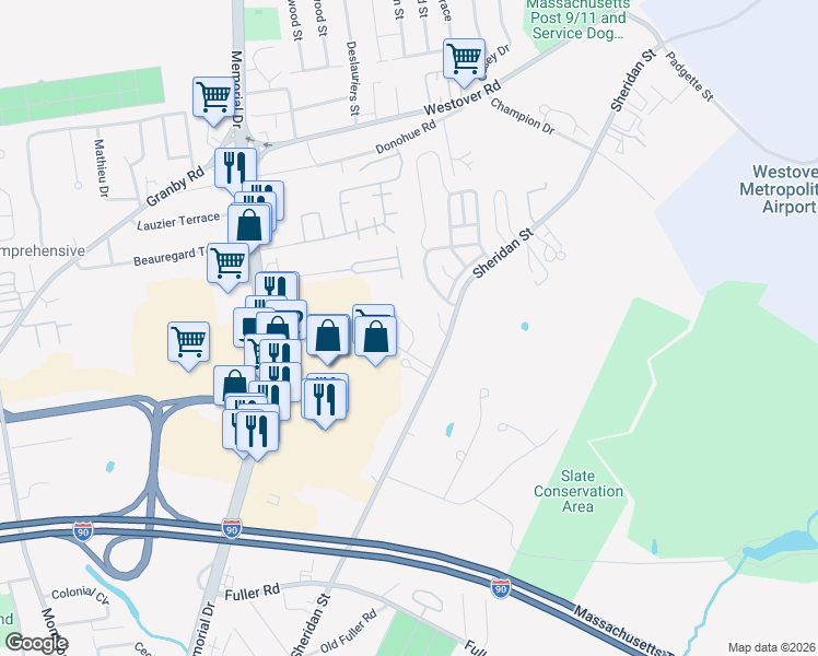 map of restaurants, bars, coffee shops, grocery stores, and more near Sheridan Drive in Chicopee