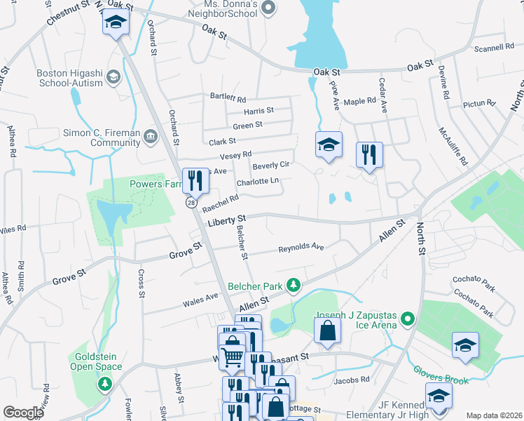 map of restaurants, bars, coffee shops, grocery stores, and more near 90 Liberty Street in Randolph
