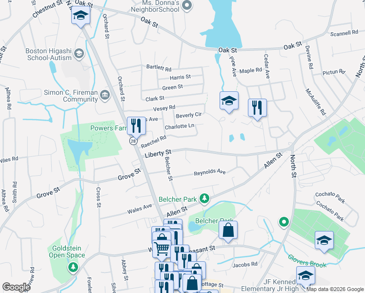 map of restaurants, bars, coffee shops, grocery stores, and more near 90 Liberty Street in Randolph