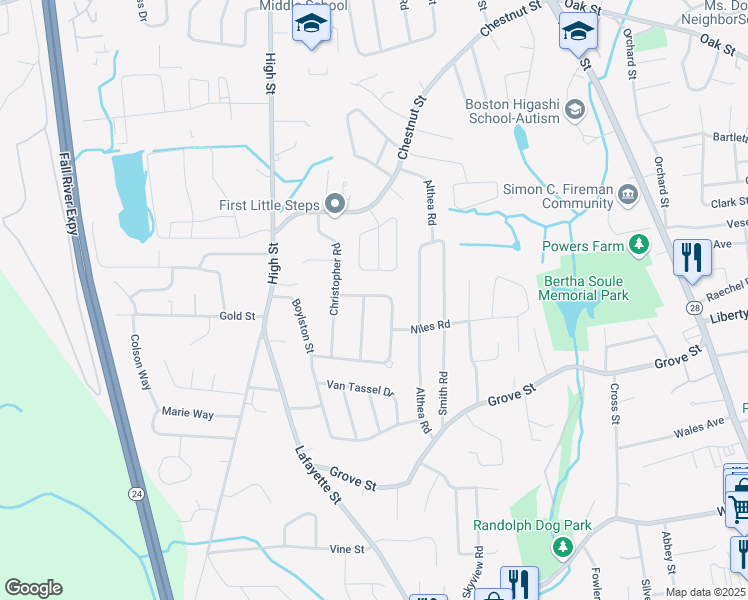 map of restaurants, bars, coffee shops, grocery stores, and more near 84 Emily Jeffers Road in Randolph