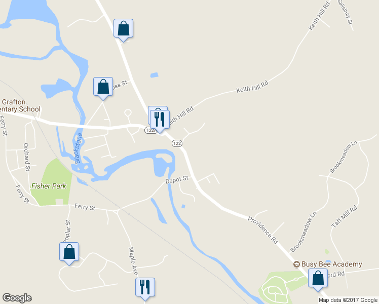 map of restaurants, bars, coffee shops, grocery stores, and more near 299 Providence Road in Grafton