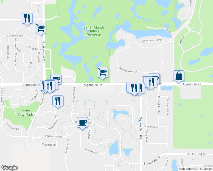 map of restaurants, bars, coffee shops, grocery stores, and more near 9105 West Algonquin Road in Huntley