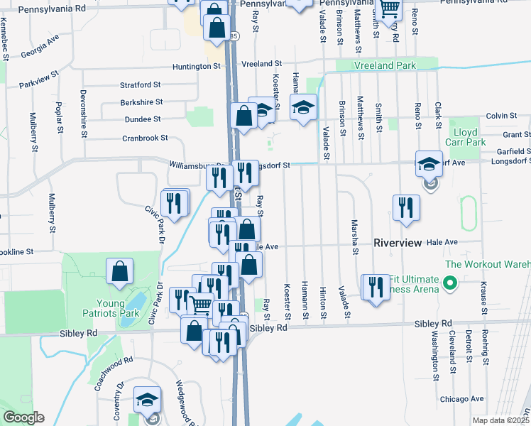 map of restaurants, bars, coffee shops, grocery stores, and more near 18217 Ray Street in Riverview