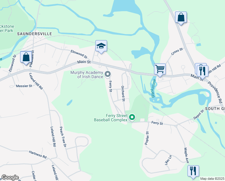 map of restaurants, bars, coffee shops, grocery stores, and more near 29 Ferry Street in Grafton
