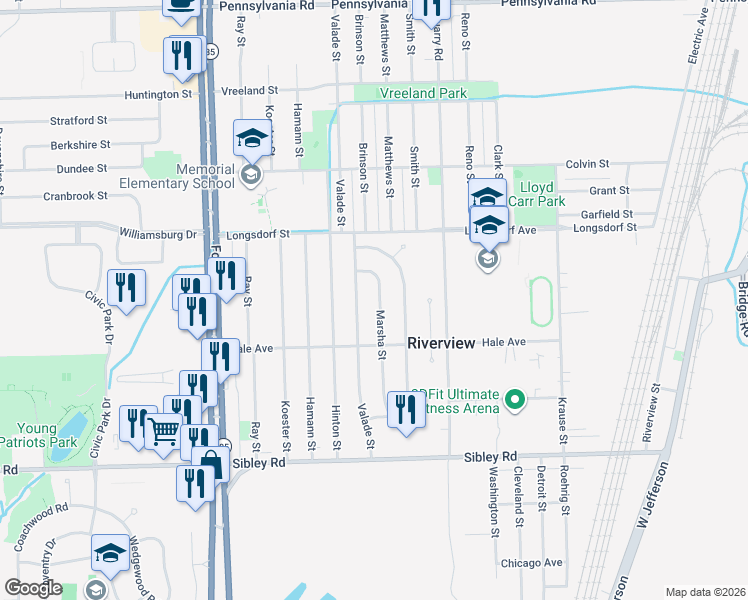 map of restaurants, bars, coffee shops, grocery stores, and more near 18200 Marsha Street in Riverview