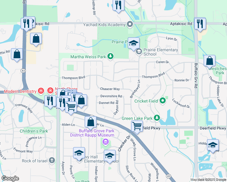 map of restaurants, bars, coffee shops, grocery stores, and more near 848 Chaucer Way in Buffalo Grove