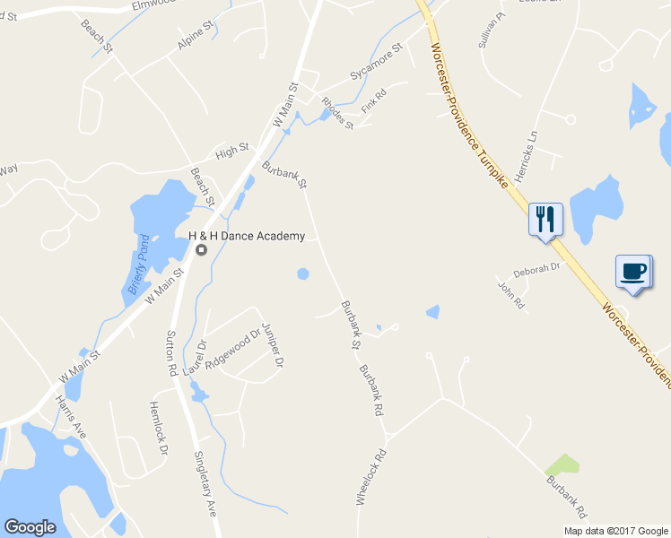 map of restaurants, bars, coffee shops, grocery stores, and more near 47 Burbank Street in Millbury