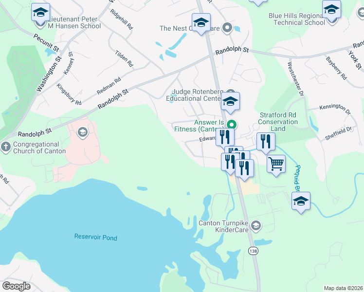 map of restaurants, bars, coffee shops, grocery stores, and more near 25 Edward Street in Canton