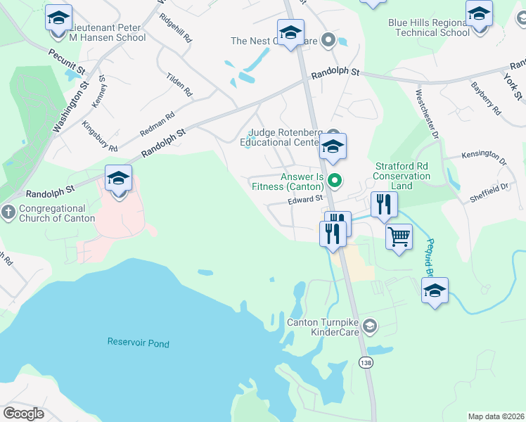 map of restaurants, bars, coffee shops, grocery stores, and more near 25 Edward Street in Canton
