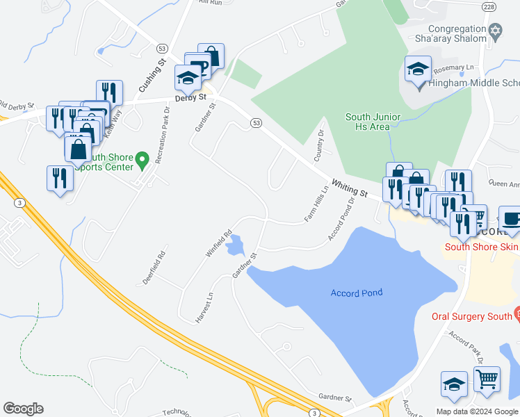 map of restaurants, bars, coffee shops, grocery stores, and more near 319 Gardner Street in Hingham