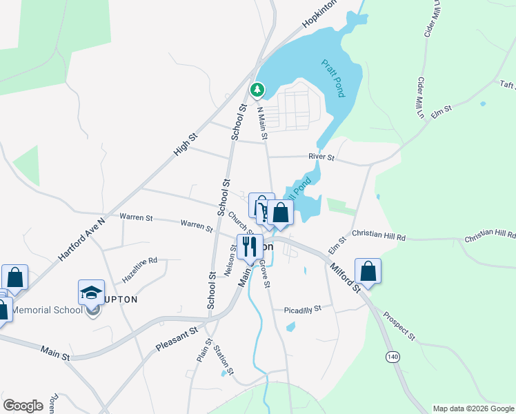 map of restaurants, bars, coffee shops, grocery stores, and more near in Upton