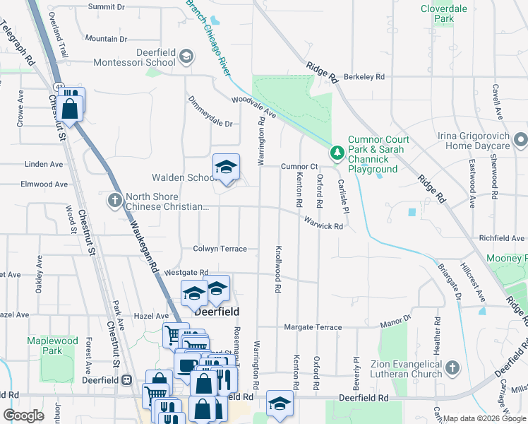 map of restaurants, bars, coffee shops, grocery stores, and more near 1241 Warrington Road in Deerfield