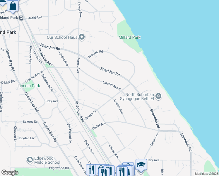 map of restaurants, bars, coffee shops, grocery stores, and more near 1300 Lincoln Avenue South in Highland Park