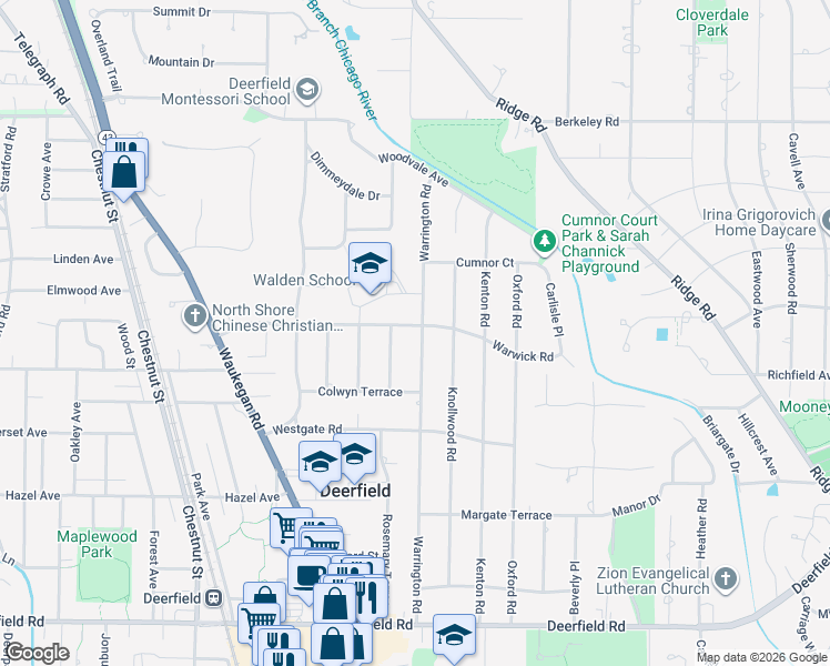 map of restaurants, bars, coffee shops, grocery stores, and more near 1241 Warrington Road in Deerfield