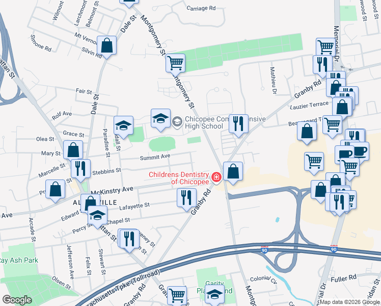 map of restaurants, bars, coffee shops, grocery stores, and more near 1 Sherbrooke Street in Chicopee