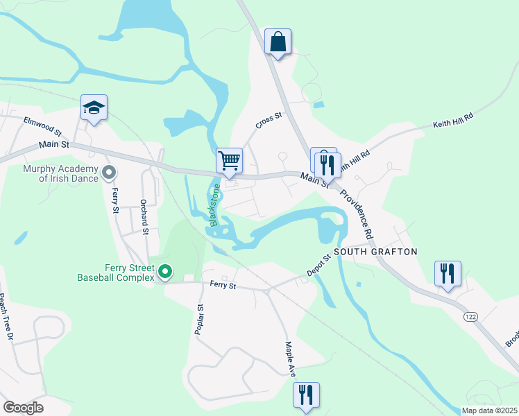 map of restaurants, bars, coffee shops, grocery stores, and more near 11 Greenlawn Avenue in Grafton