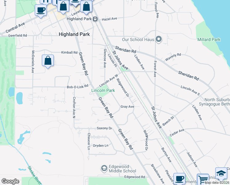 map of restaurants, bars, coffee shops, grocery stores, and more near 1271 Glencoe Avenue in Highland Park