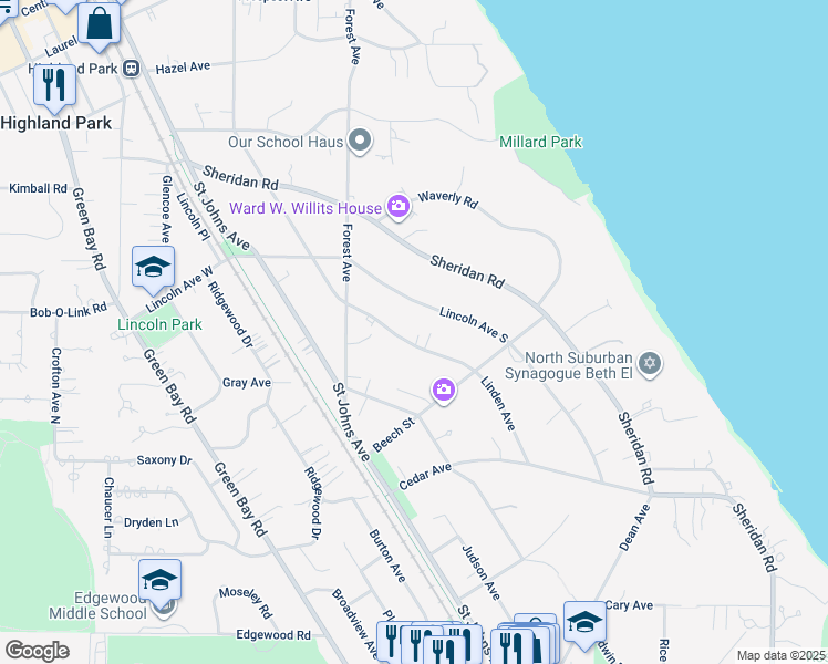 map of restaurants, bars, coffee shops, grocery stores, and more near 1259 Linden Avenue in Highland Park