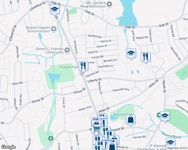 map of restaurants, bars, coffee shops, grocery stores, and more near 9 Raechel Road in Randolph
