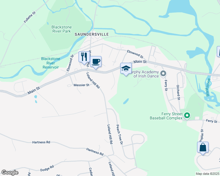 map of restaurants, bars, coffee shops, grocery stores, and more near 35 Leland Hill Road in Grafton