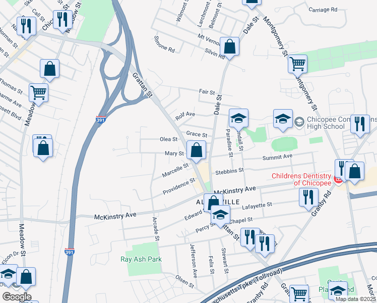 map of restaurants, bars, coffee shops, grocery stores, and more near 762 Grattan Street in Chicopee