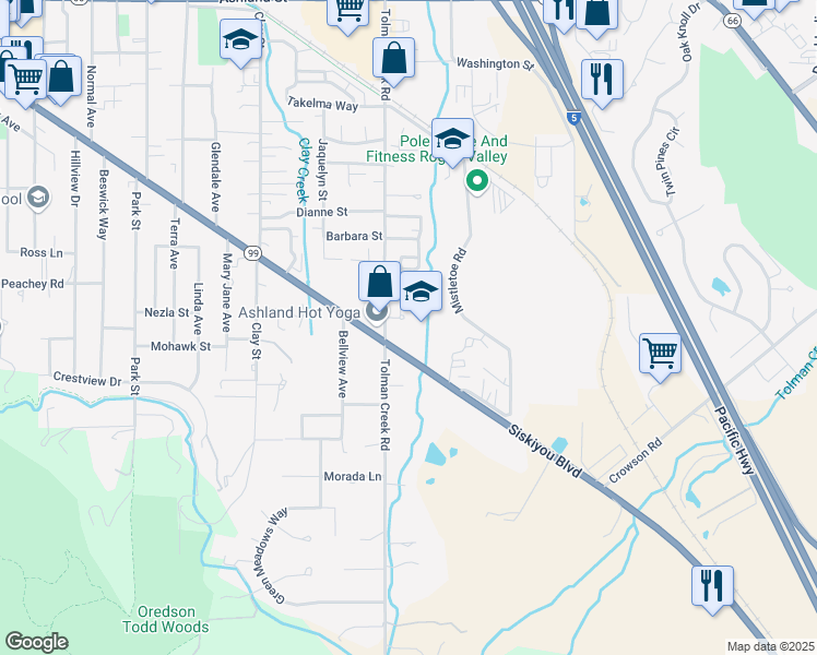 map of restaurants, bars, coffee shops, grocery stores, and more near 1070 Tolman Creek Road in Ashland