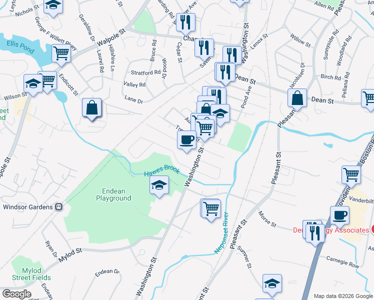 map of restaurants, bars, coffee shops, grocery stores, and more near 10 Concord Avenue in Norwood