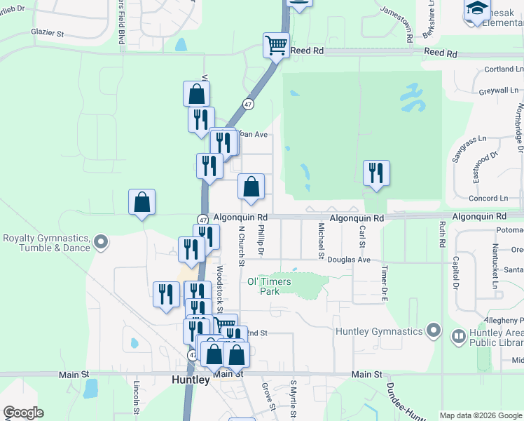 map of restaurants, bars, coffee shops, grocery stores, and more near 10604 Phillip Drive in Huntley