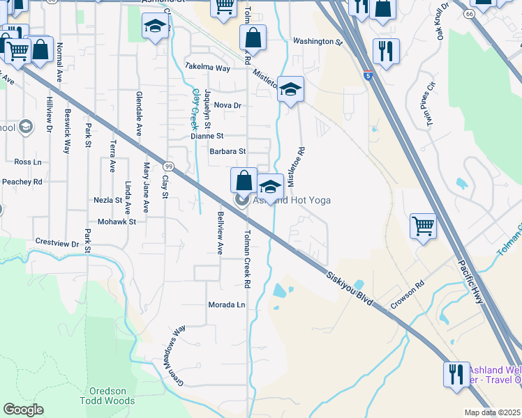 map of restaurants, bars, coffee shops, grocery stores, and more near 1070 Tolman Creek Road in Ashland
