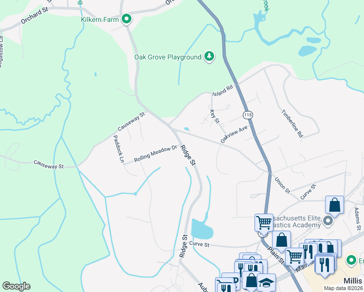 map of restaurants, bars, coffee shops, grocery stores, and more near 90 Ridge Street in Millis